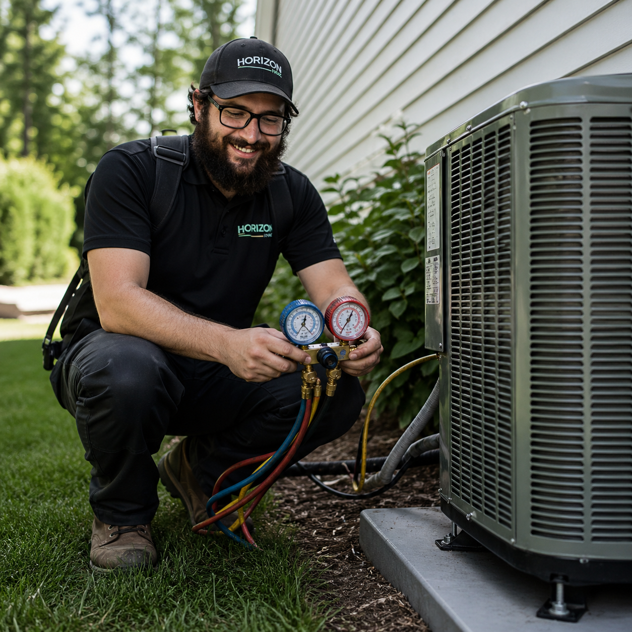 Horizon HVAC technician checking AC pressures with gauges